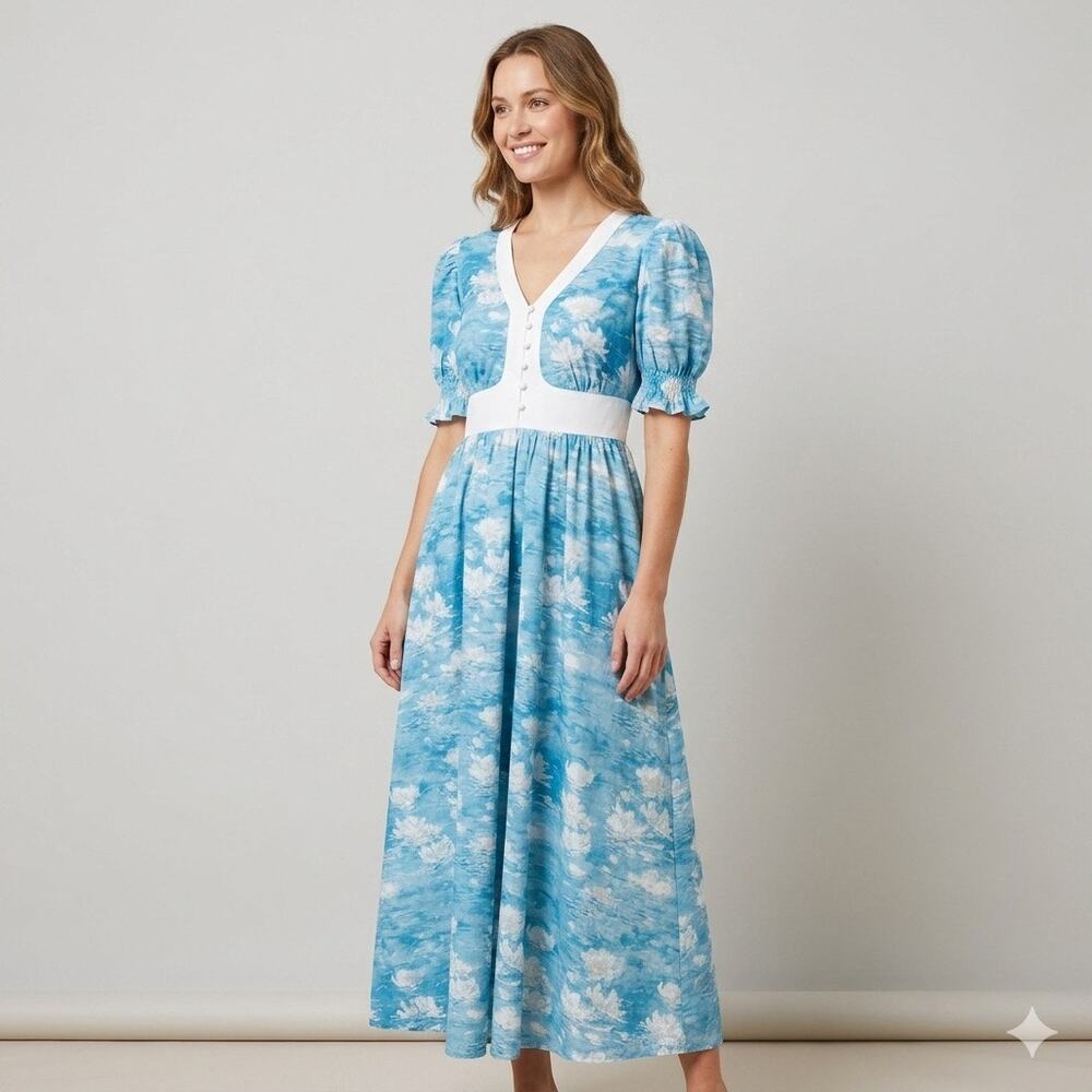 NWOT Entro Blue Floral Maxi Dress M Medium Puff‎ Sleeve Boho Cottagecore